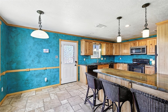 1471 Stony Valley Dr, Ponder, TX 76259 - kitchen featuring stainless steel microwave, black range with electric stovetop, a textured ceiling, stone tile floors, and dark countertops