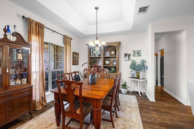 2110 Park Rdg, Denison, TX 75020 - dining area featuring a chandelier, dark wood-style floors, and a raised ceiling