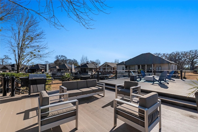 111 Hickory Creek Cir, Gun Barrel City, TX 75156 - wooden deck featuring an outdoor hangout area and a residential view