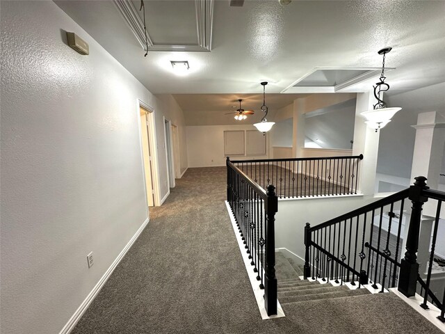 4201 Iron Ln, Mansfield, TX 76063 - hall featuring carpet, attic access, an upstairs landing, and a textured ceiling