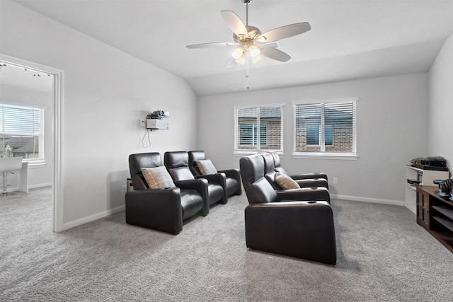 1154 Holcombe Dr, Anna, TX 75409 - home theater featuring a ceiling fan, carpet floors, and lofted ceiling