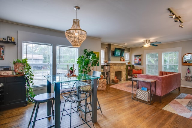 1211 Lansford Ave, Dallas, TX 75224 - dining space featuring healthy amount of natural light, track lighting, light wood-style floors, a fireplace, and ornamental molding