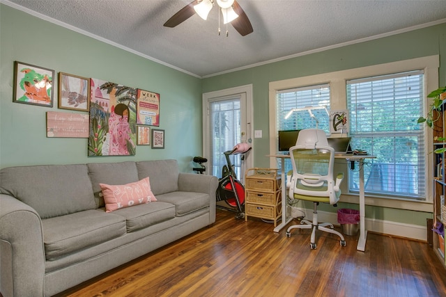 1211 Lansford Ave, Dallas, TX 75224 - home office featuring wood-type flooring, a textured ceiling, ornamental molding, and a ceiling fan