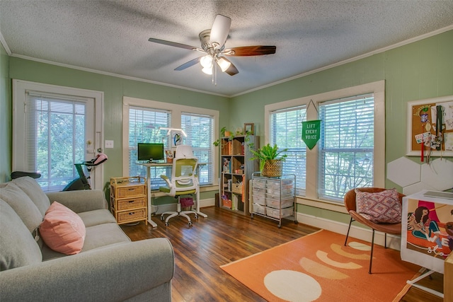 1211 Lansford Ave, Dallas, TX 75224 - home office featuring wood finished floors, crown molding, ceiling fan, and a textured ceiling