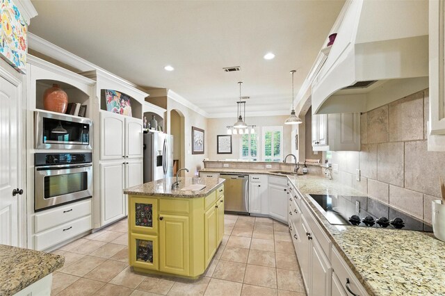 5820 Shiloh Forest Dr, Midlothian, TX 76065 - kitchen with appliances with stainless steel finishes, custom exhaust hood, ornamental molding, tasteful backsplash, and open shelves