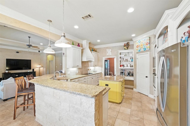 5820 Shiloh Forest Dr, Midlothian, TX 76065 - kitchen with freestanding refrigerator, custom range hood, open shelves, open floor plan, and ornamental molding