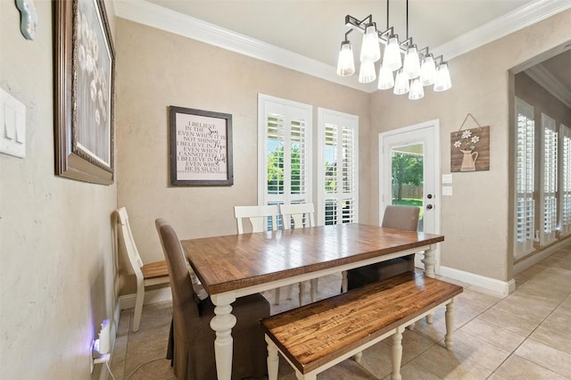 5820 Shiloh Forest Dr, Midlothian, TX 76065 - dining area featuring crown molding, light tile patterned floors, and a chandelier