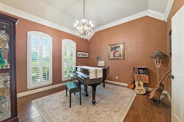 5820 Shiloh Forest Dr, Midlothian, TX 76065 - office space featuring dark wood-type flooring, crown molding, a chandelier, and lofted ceiling