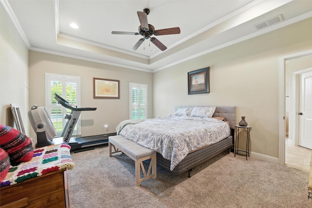 5820 Shiloh Forest Dr, Midlothian, TX 76065 - carpeted bedroom featuring multiple windows, crown molding, a tray ceiling, and a ceiling fan