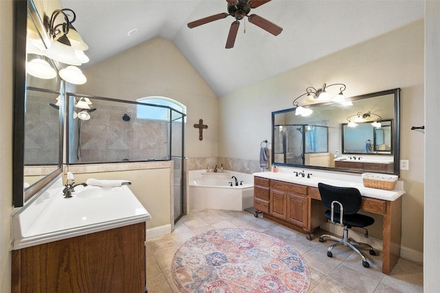 5820 Shiloh Forest Dr, Midlothian, TX 76065 - bathroom featuring a bath, a shower stall, ceiling fan, two vanities, and tile patterned floors