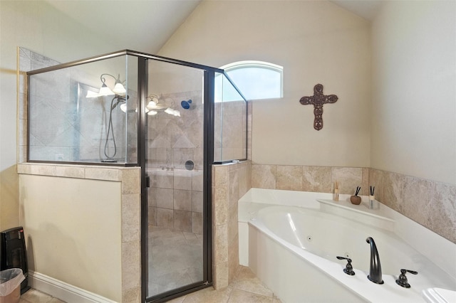 5820 Shiloh Forest Dr, Midlothian, TX 76065 - full bath featuring a tub with jets, a stall shower, tile patterned flooring, and vaulted ceiling