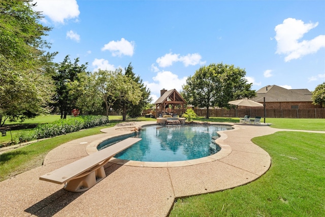 5820 Shiloh Forest Dr, Midlothian, TX 76065 - view of pool with a gazebo, a patio area, a pool with connected hot tub, and a diving board