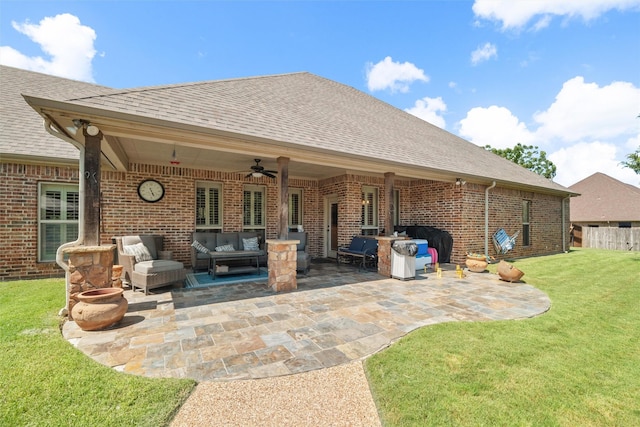 5820 Shiloh Forest Dr, Midlothian, TX 76065 - back of house featuring outdoor lounge area, brick siding, a ceiling fan, a yard, and a patio