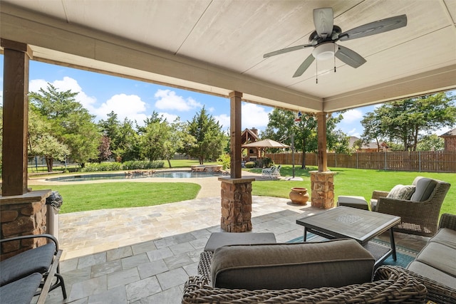 5820 Shiloh Forest Dr, Midlothian, TX 76065 - fenced backyard featuring a patio area, ceiling fan, and a pool with connected hot tub