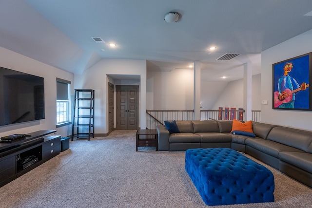 9901 Mi Tierra Dr, Fort Worth, TX 76179 - carpeted living room featuring vaulted ceiling and recessed lighting