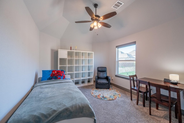 9901 Mi Tierra Dr, Fort Worth, TX 76179 - bedroom featuring carpet flooring, lofted ceiling, an office area, and a ceiling fan
