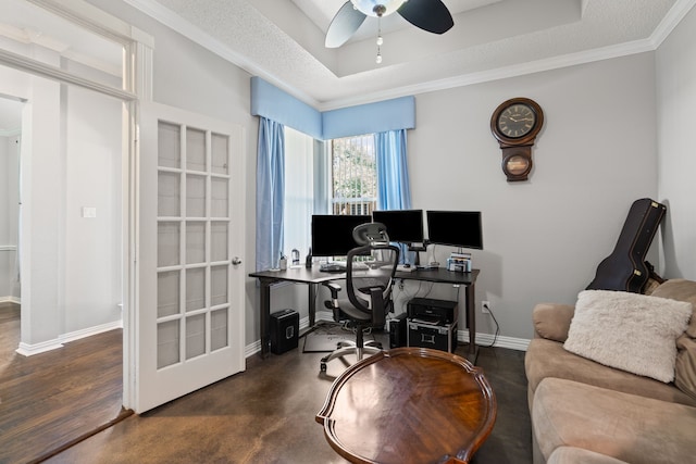 1617 Shadywood Ln, Flower Mound, TX 75028 - office space featuring a raised ceiling, a ceiling fan, ornamental molding, and finished concrete floors