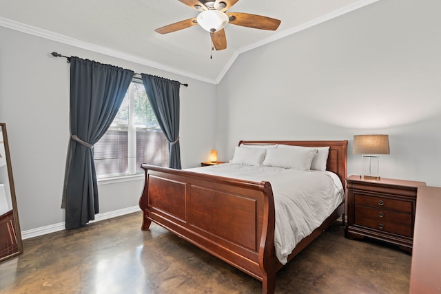 1617 Shadywood Ln, Flower Mound, TX 75028 - bedroom with vaulted ceiling, ornamental molding, finished concrete floors, and ceiling fan