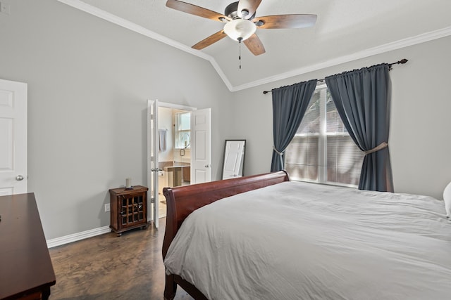 1617 Shadywood Ln, Flower Mound, TX 75028 - bedroom with crown molding, lofted ceiling, finished concrete flooring, a ceiling fan, and ensuite bathroom