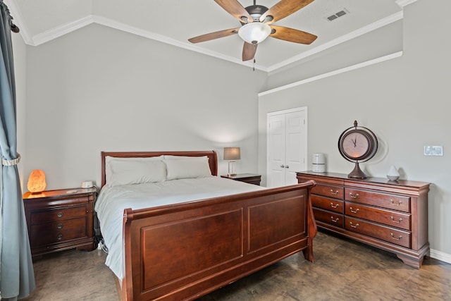 1617 Shadywood Ln, Flower Mound, TX 75028 - bedroom featuring crown molding, lofted ceiling, a closet, and a ceiling fan