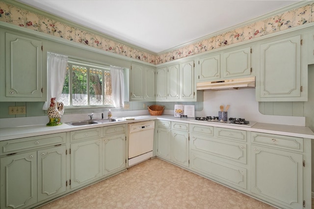 1008 Dobbins Rd, Corsicana, TX 75110 - kitchen featuring under cabinet range hood, white appliances, light flooring, light countertops, and green cabinets