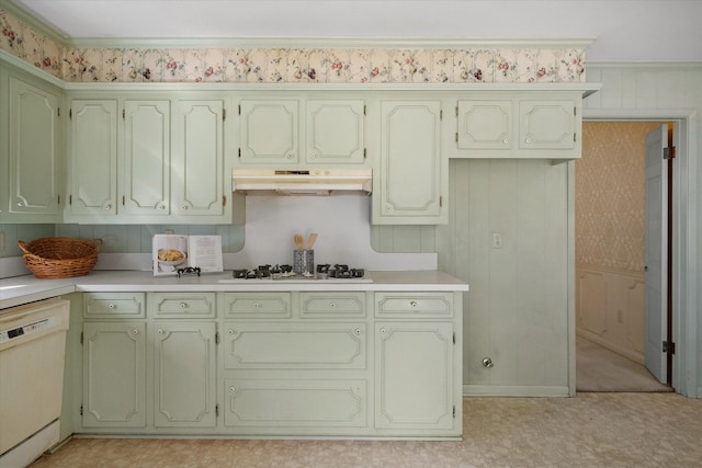 1008 Dobbins Rd, Corsicana, TX 75110 - kitchen featuring under cabinet range hood, white appliances, green cabinets, light countertops, and light flooring