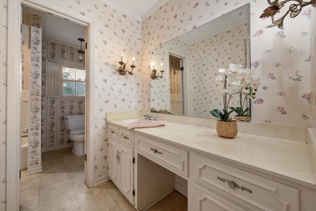 1008 Dobbins Rd, Corsicana, TX 75110 - full bath with crown molding, wallpapered walls, vanity, and tile patterned flooring