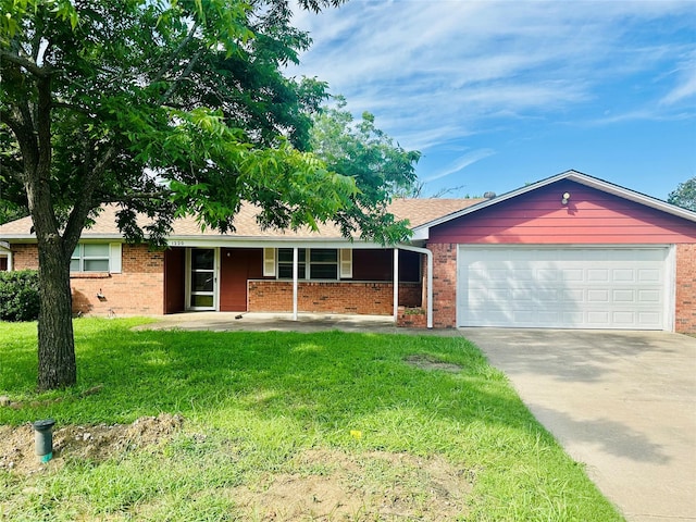 1220 Crestview Dr, Kaufman, TX 75142 - single story home with a porch, brick siding, concrete driveway, a front yard, and a garage