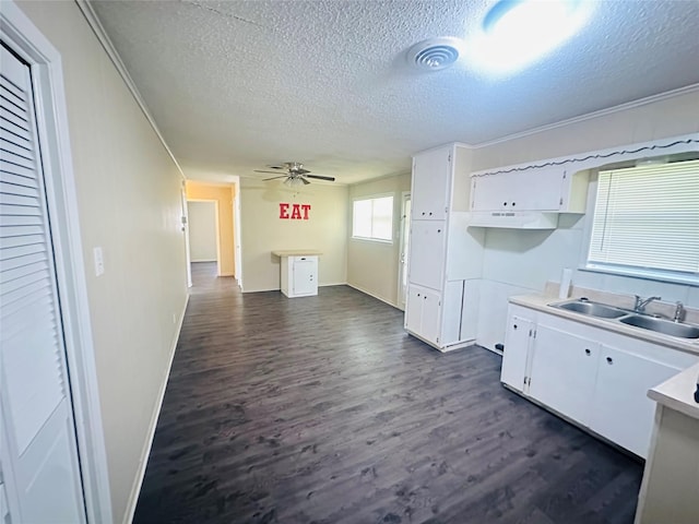 1220 Crestview Dr, Kaufman, TX 75142 - kitchen featuring a textured ceiling, dark wood-style flooring, white cabinetry, ceiling fan, and light countertops