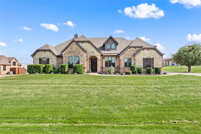 13431 Kira Ln, Justin, TX 76247 - french country inspired facade featuring brick siding, stone siding, a chimney, and a front yard