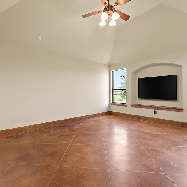 13431 Kira Ln, Justin, TX 76247 - unfurnished living room featuring high vaulted ceiling, a ceiling fan, and tile patterned flooring