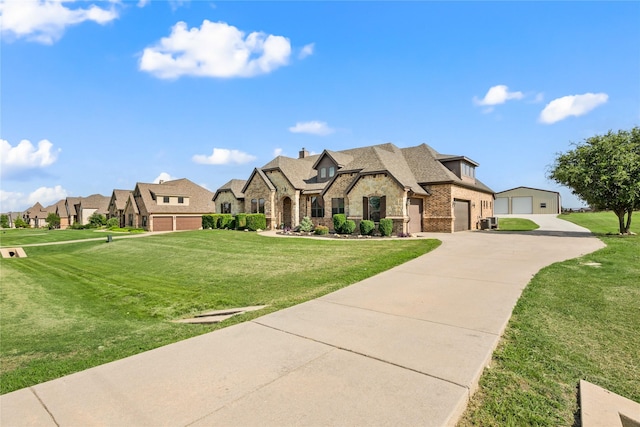 13431 Kira Ln, Justin, TX 76247 - french country home featuring stone siding, a front lawn, a residential view, and driveway