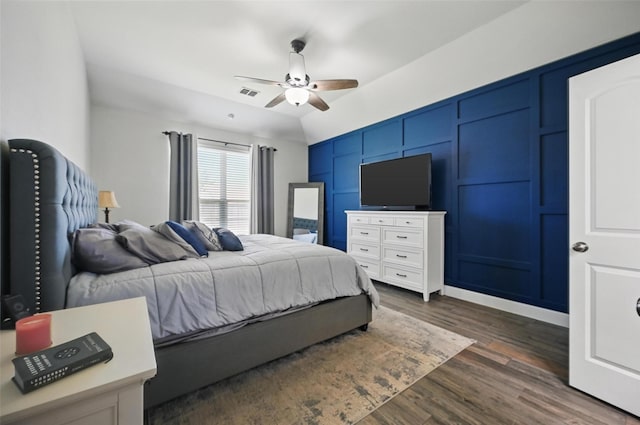 1000 Barn Owl Dr, Little Elm, TX 75068 - bedroom featuring dark wood-style flooring, a ceiling fan, and vaulted ceiling