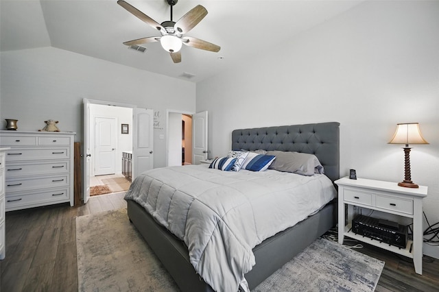 1000 Barn Owl Dr, Little Elm, TX 75068 - bedroom featuring dark wood-style floors, vaulted ceiling, and a ceiling fan