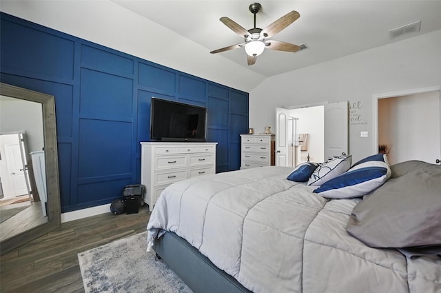 1000 Barn Owl Dr, Little Elm, TX 75068 - bedroom with dark wood finished floors, lofted ceiling, and ceiling fan