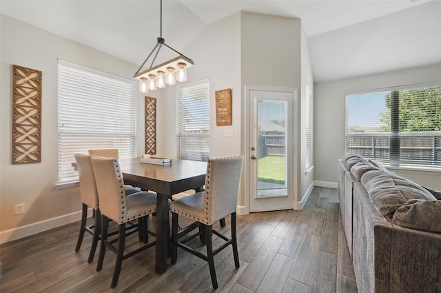 1000 Barn Owl Dr, Little Elm, TX 75068 - dining area with dark wood finished floors, high vaulted ceiling, and a chandelier