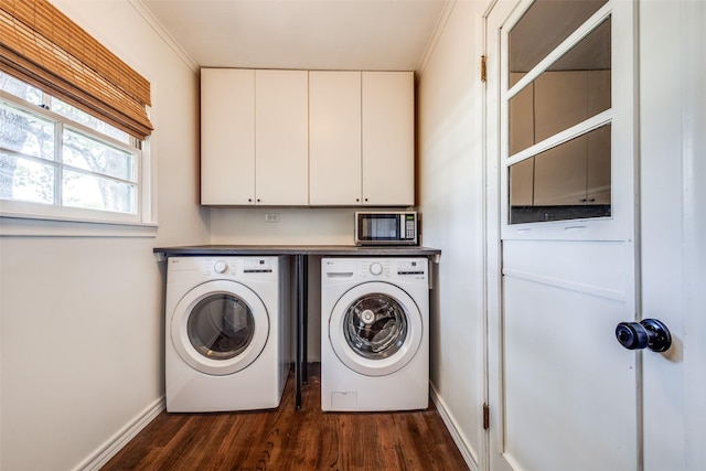 2528 Royal Ln, Denton, TX 76209 - laundry area featuring dark wood finished floors, cabinet space, independent washer and dryer, and ornamental molding