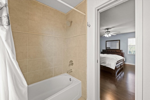 2648 Mark Dr, Mesquite, TX 75150 - ensuite bathroom featuring shower / tub combo with curtain, wood finished floors, and a ceiling fan