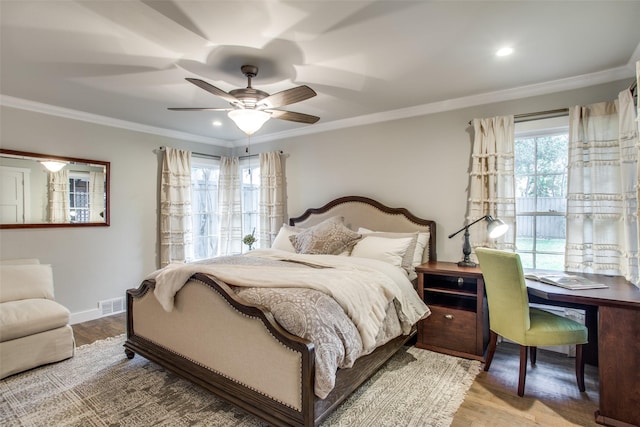 6110 Del Norte Ln, Dallas, TX 75225 - bedroom featuring crown molding, wood finished floors, an office area, a ceiling fan, and recessed lighting