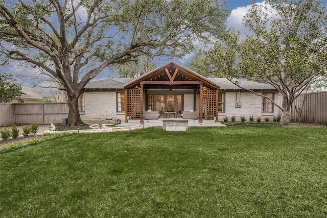 6110 Del Norte Ln, Dallas, TX 75225 - rear view of property with a fenced backyard, a patio, brick siding, a shingled roof, and ceiling fan