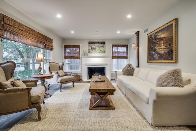 6110 Del Norte Ln, Dallas, TX 75225 - living room with recessed lighting, a fireplace with flush hearth, and plenty of natural light
