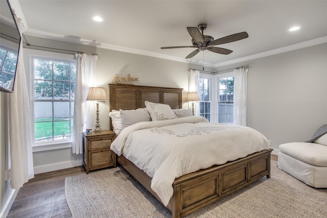 6110 Del Norte Ln, Dallas, TX 75225 - bedroom with crown molding, light wood-type flooring, recessed lighting, and a ceiling fan