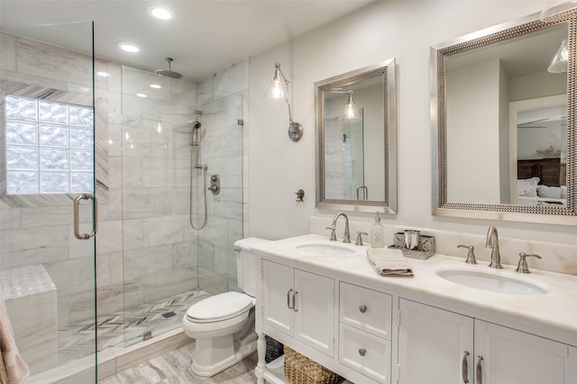 6110 Del Norte Ln, Dallas, TX 75225 - full bath with a shower stall, double vanity, and recessed lighting