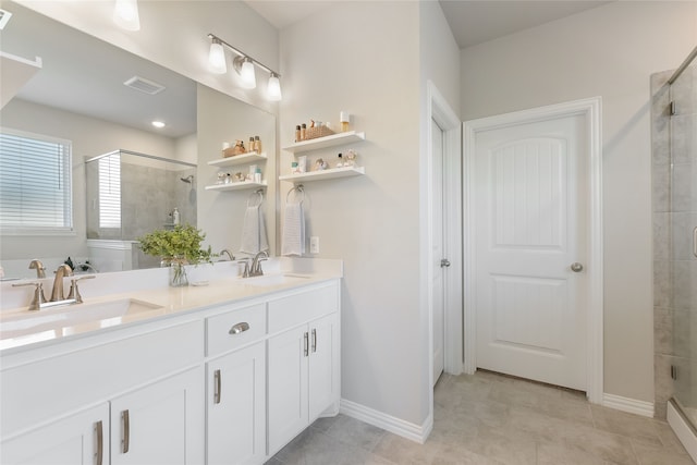 1420 Whitetail Ln, Azle, TX 76020 - bathroom with a stall shower, double vanity, and tile patterned floors