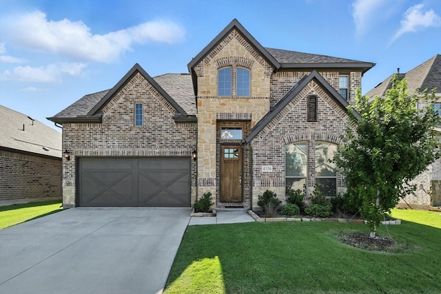 4336 Westminster Ave, Celina, TX 76227 - french country inspired facade featuring brick siding, driveway, a front lawn, stone siding, and roof with shingles