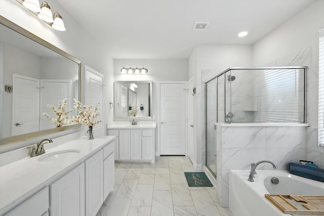 4336 Westminster Ave, Celina, TX 76227 - full bath with marble look tiles, a stall shower, a bath, two vanities, and plenty of natural light