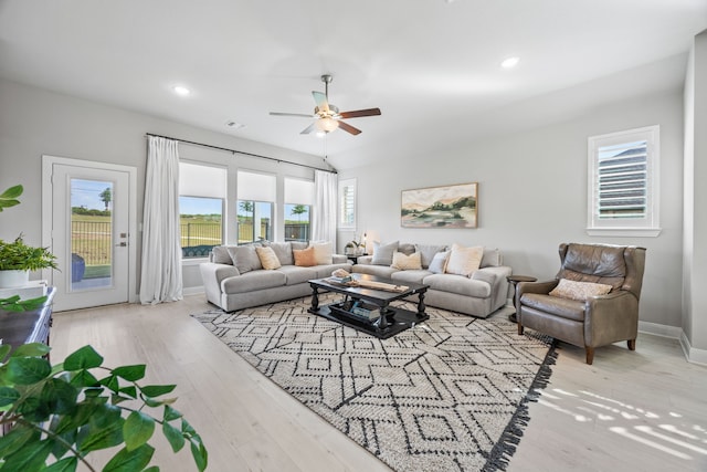 2102 Clearwater Way, Royse City, TX 75189 - living room featuring ceiling fan, light wood finished floors, and recessed lighting