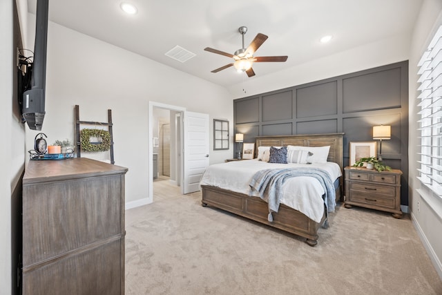 2102 Clearwater Way, Royse City, TX 75189 - bedroom with light carpet, lofted ceiling, ceiling fan, and recessed lighting