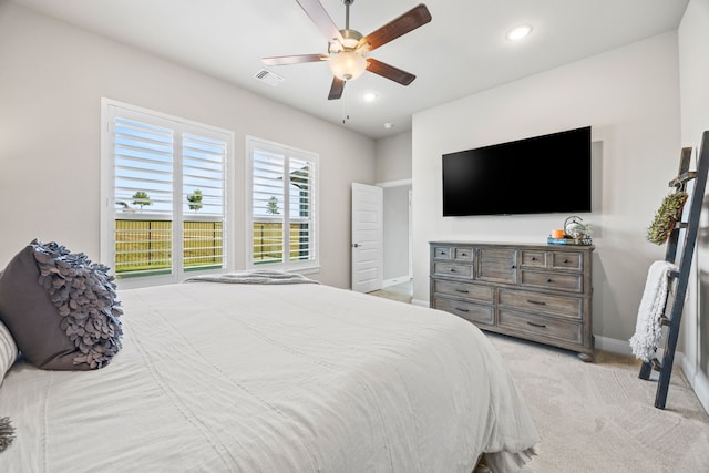 2102 Clearwater Way, Royse City, TX 75189 - bedroom featuring light carpet, recessed lighting, and a ceiling fan