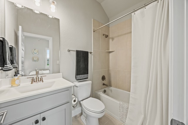 2102 Clearwater Way, Royse City, TX 75189 - bathroom featuring shower / bath combo with shower curtain, vaulted ceiling, vanity, and tile patterned flooring